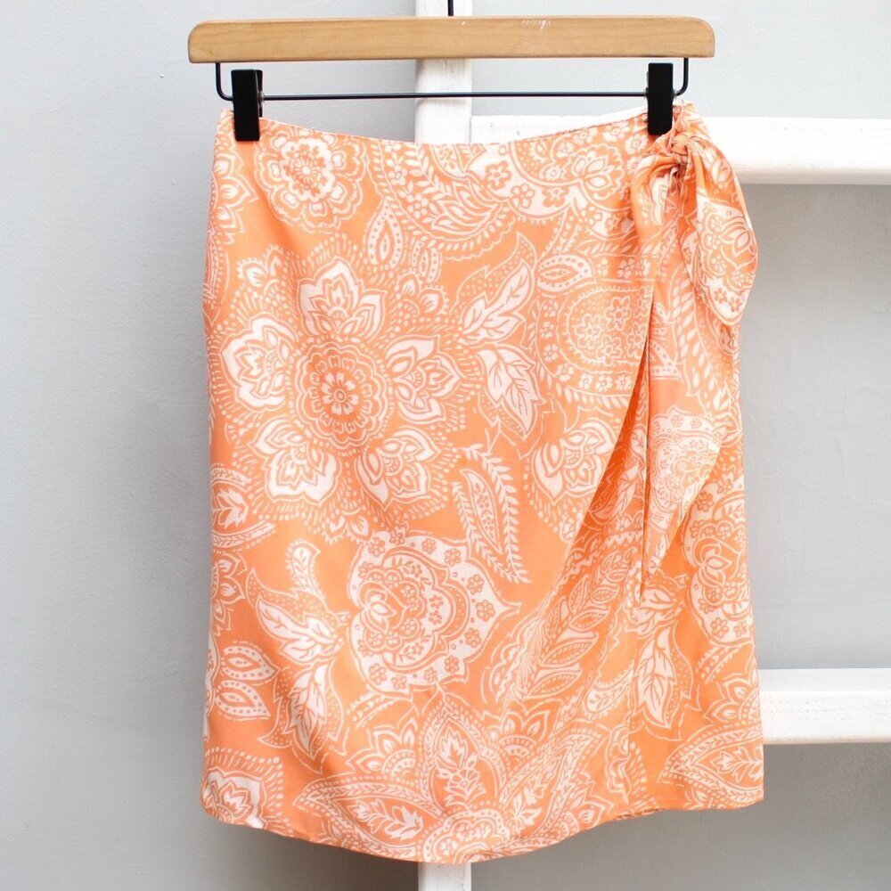 Saks 5th Avenue Folio Orange White Paisley Wrap Knot Tie Silk Mini Skirt Size 4